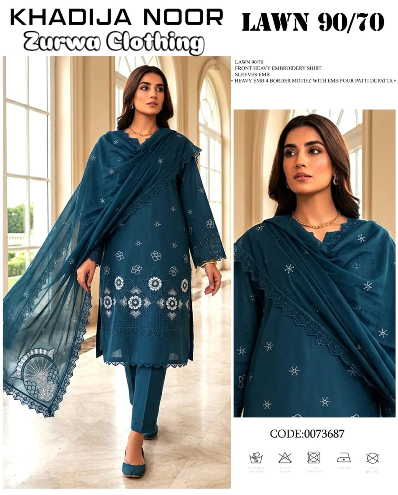 Teal Blue Embroidered Lawn Suit