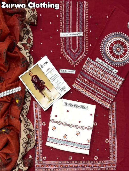 Embroidered Airjet Lawn Suit with Digital Printed Dupatta