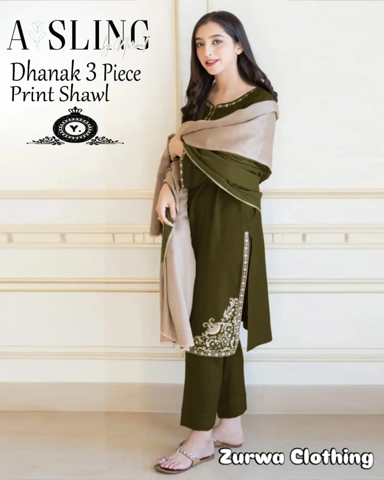 Embroidered Dhanak 3-Piece Suit with Printed Shawl – A Sling Collection