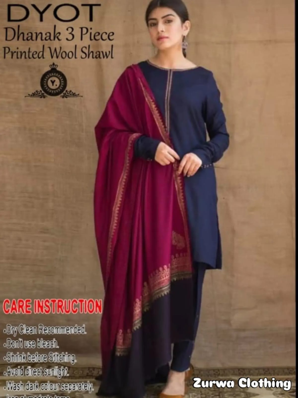 Embroidered Dhanak 3-Piece Suit with Printed Wool Shawl – DYOT Collection